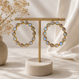 Luminous Orbit Statement Hoops – Gold Plated Rainbow Moonstone Garland Hoops