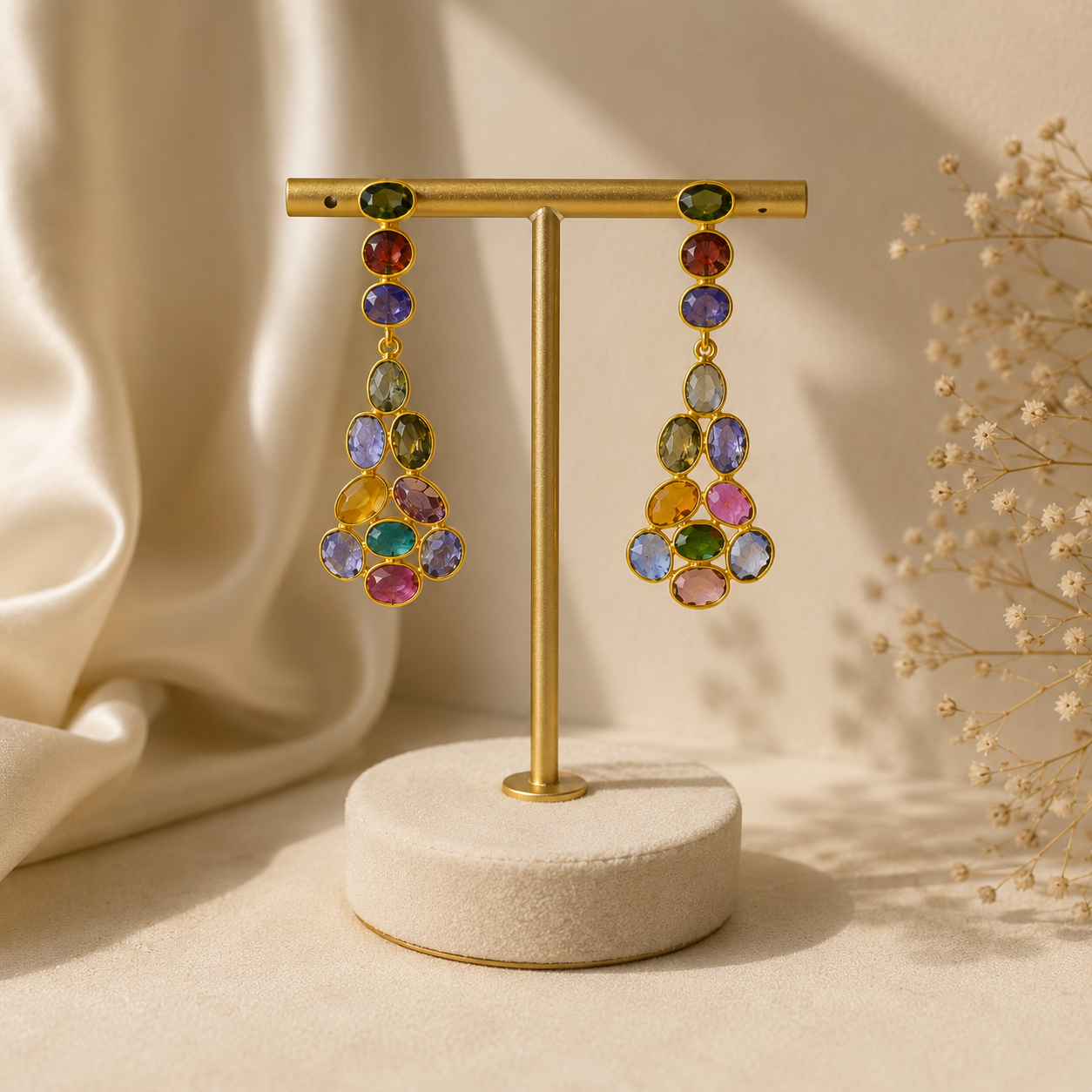 Tourmaline Matrix Cascade Drops –  Gold Plated Multi-Gemstone Chandelier Earrings