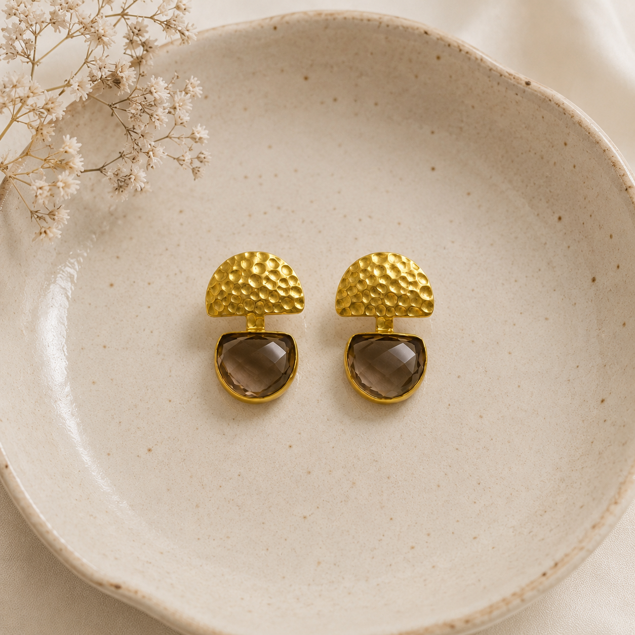 The Smoky Quartz Crescent Drops –  Gold Plated Hammered Statement Earrings