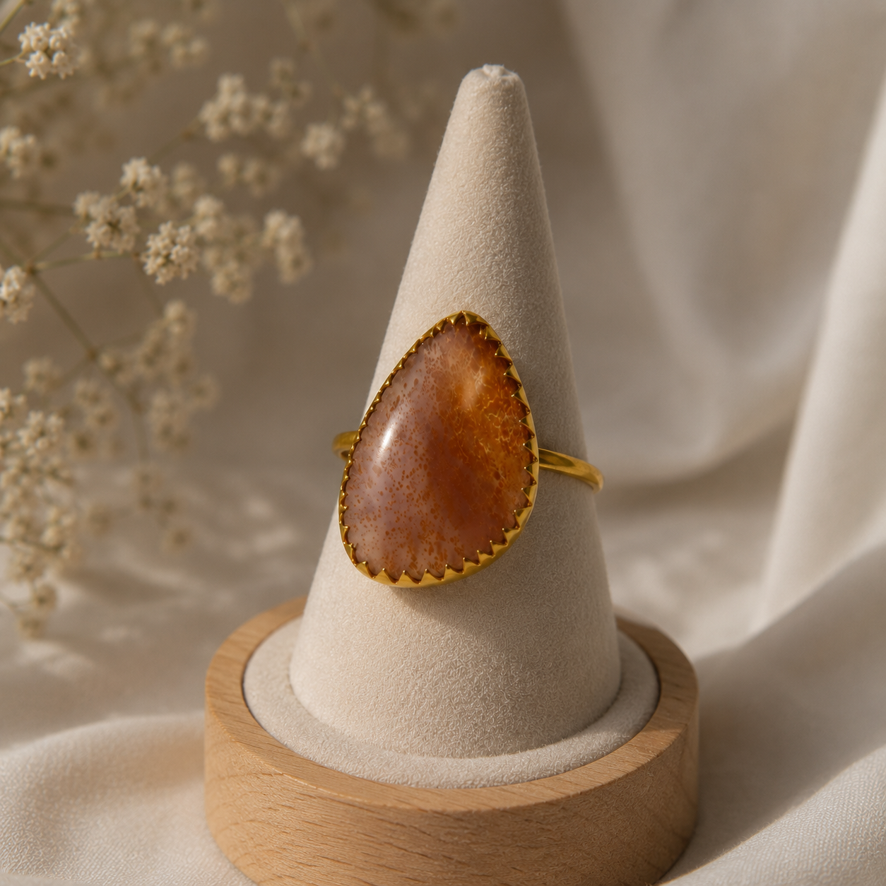 Sienna Moss Statement Slice Ring – Gold Plated Agate Cocktail Ring