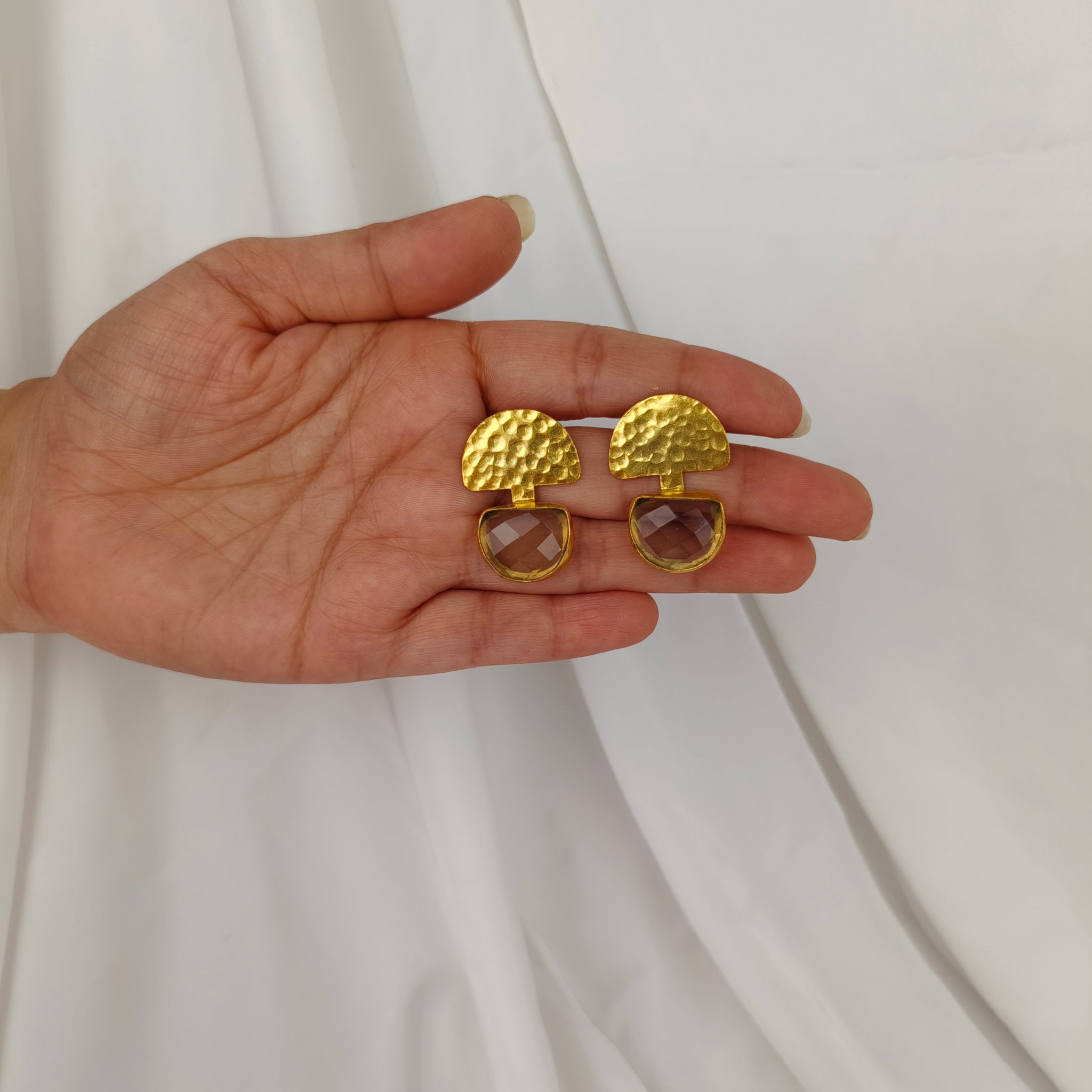 The Smoky Quartz Crescent Drops –  Gold Plated Hammered Statement Earrings