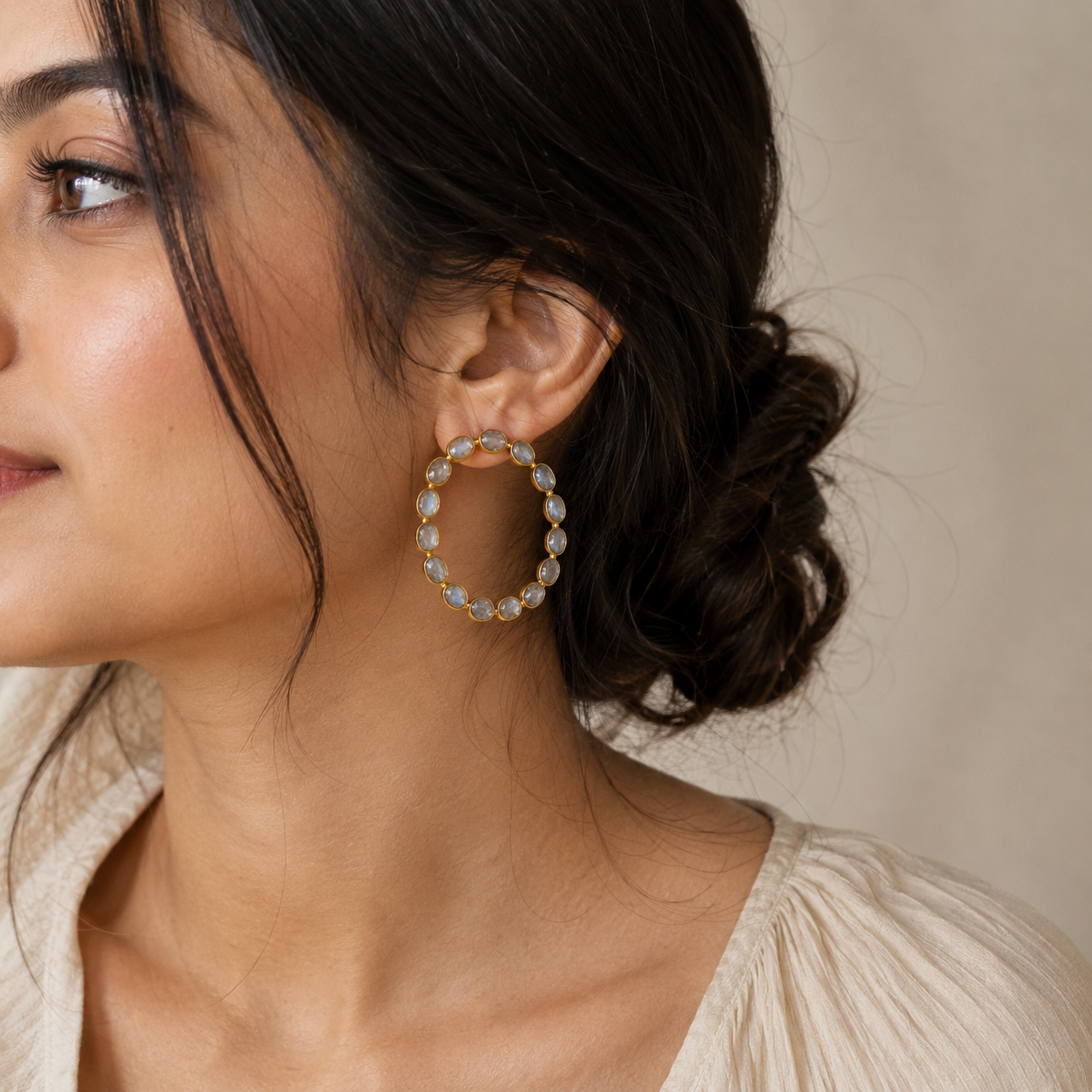 Luminous Orbit Statement Hoops – Gold Plated Rainbow Moonstone Garland Hoops