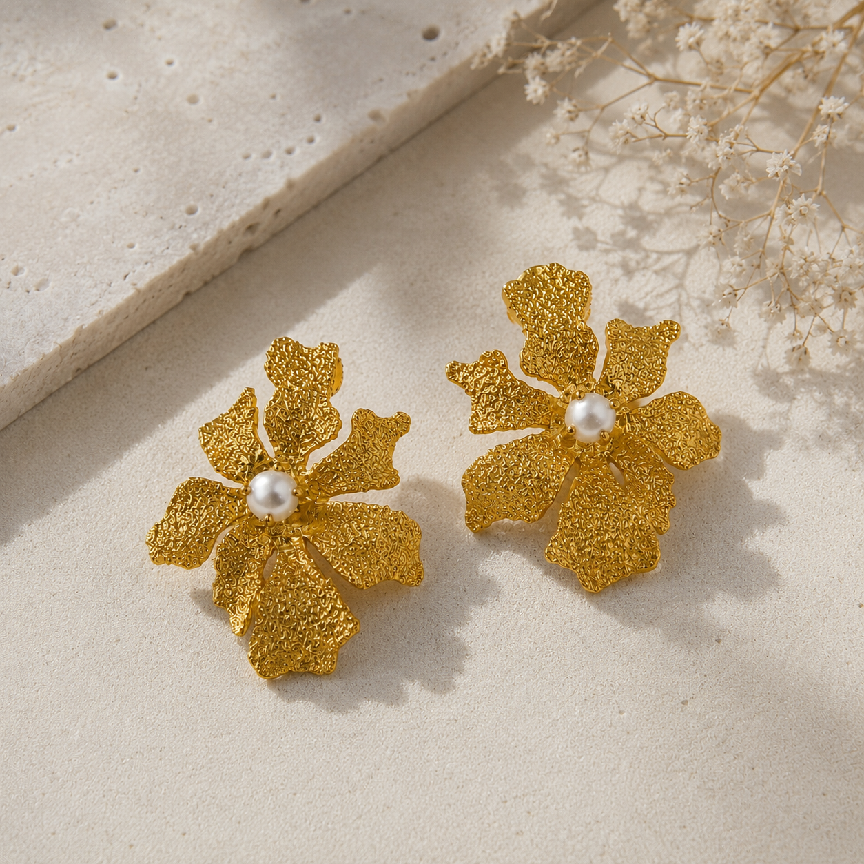Artisanal Orchid Bloom Studs – Textured Gold Plated Pearl Center Earrings