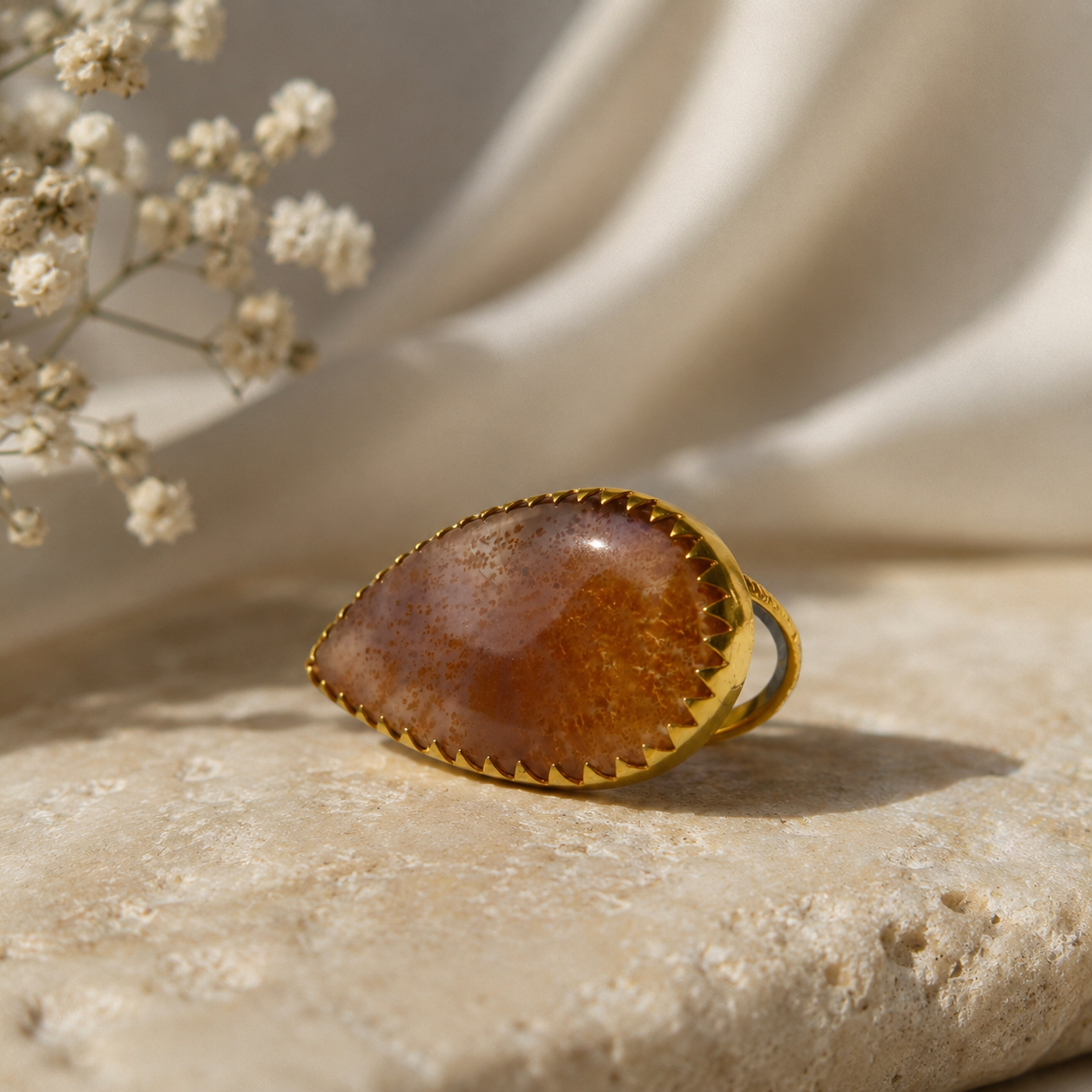 Sienna Moss Statement Slice Ring – Gold Plated Agate Cocktail Ring