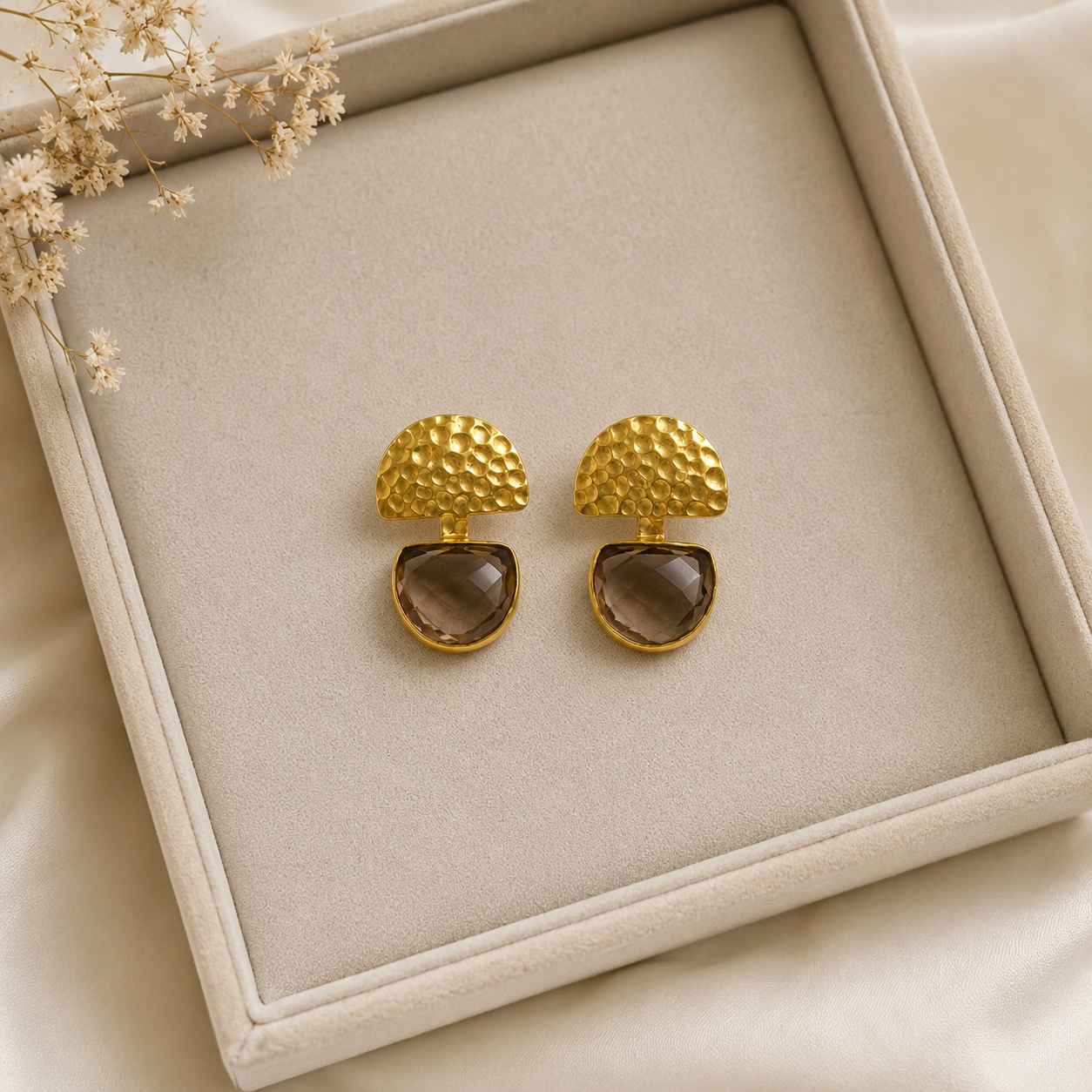The Smoky Quartz Crescent Drops –  Gold Plated Hammered Statement Earrings