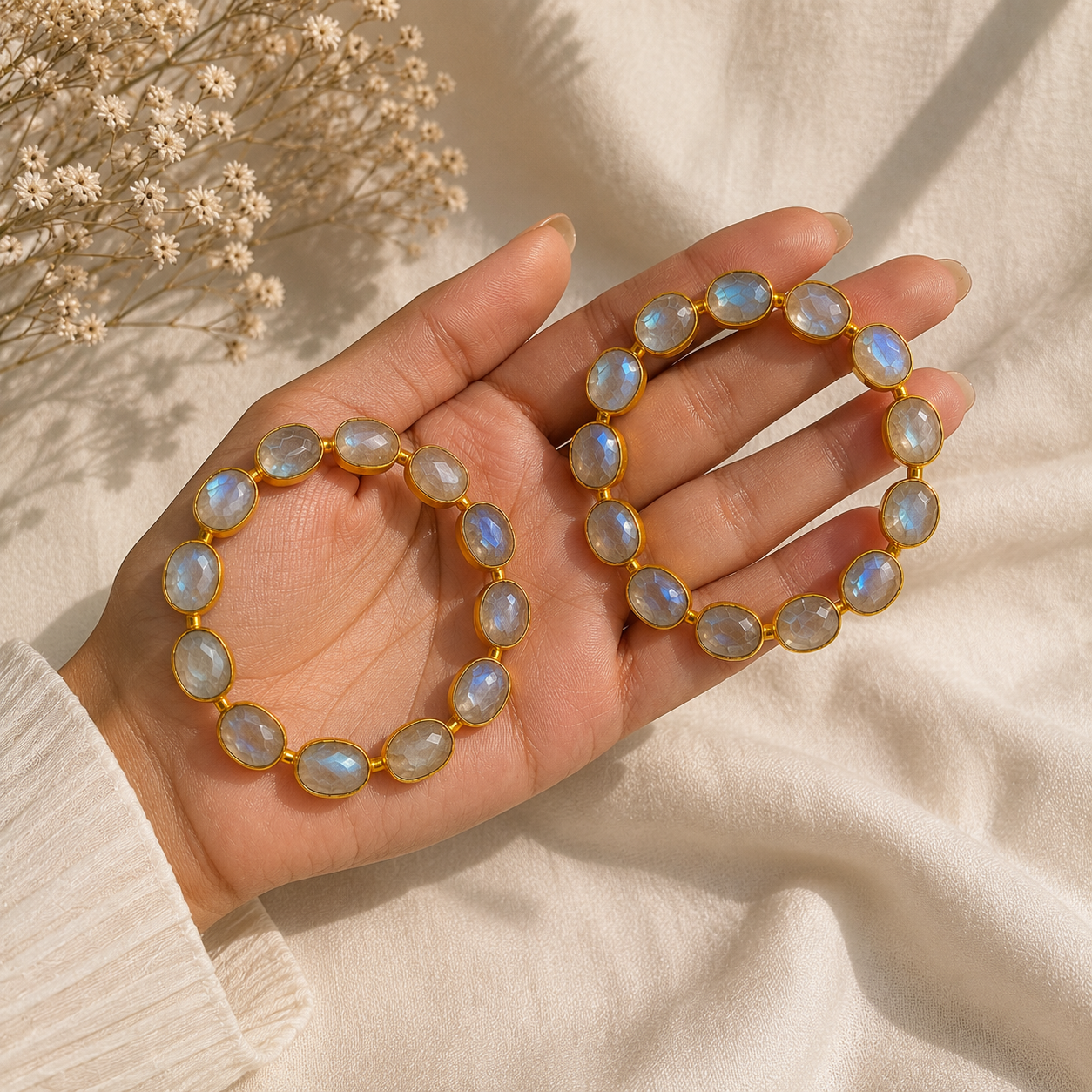 Luminous Orbit Statement Hoops – Gold Plated Rainbow Moonstone Garland Hoops