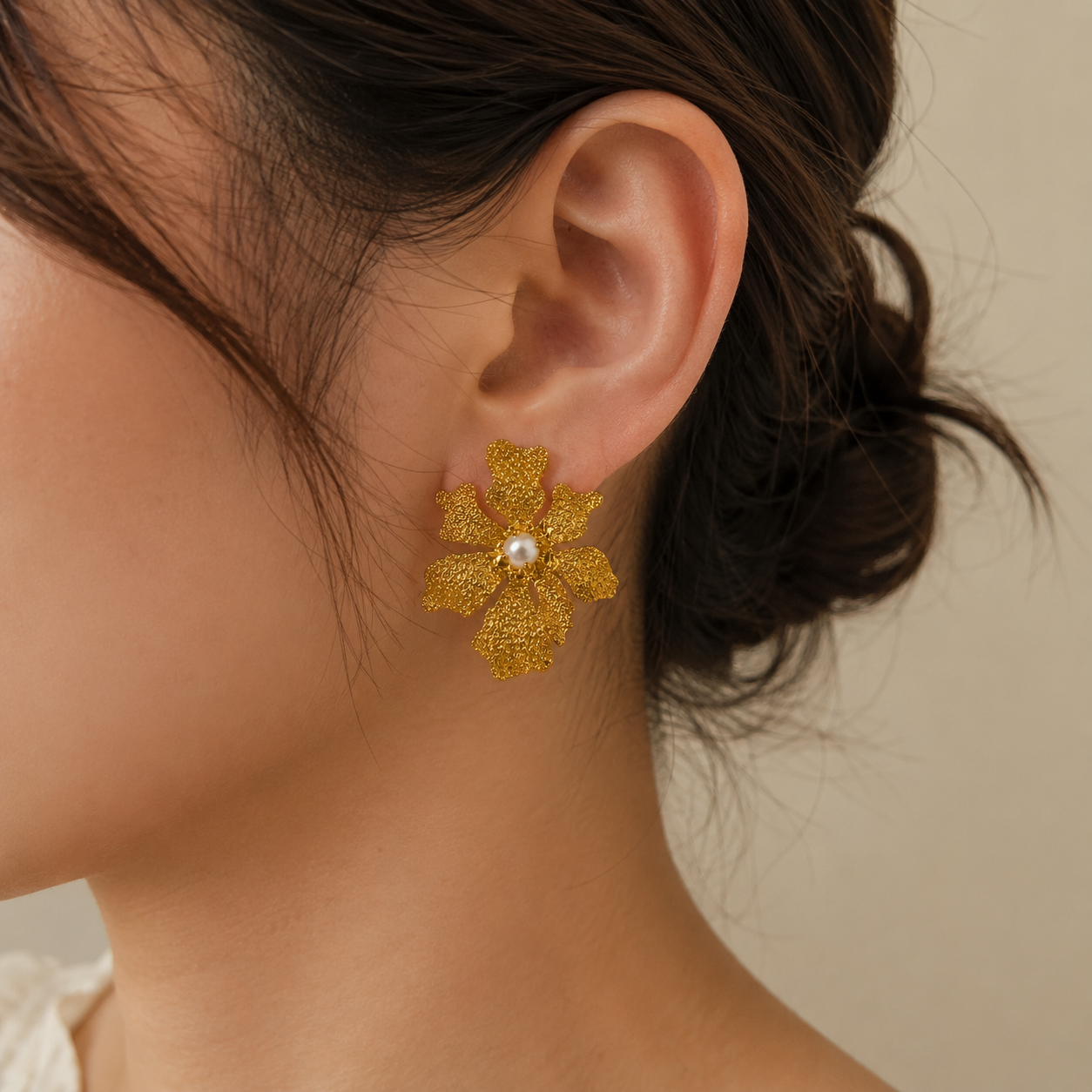 Artisanal Orchid Bloom Studs – Textured Gold Plated Pearl Center Earrings