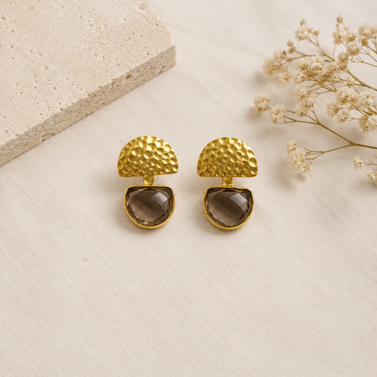 The Smoky Quartz Crescent Drops –  Gold Plated Hammered Statement Earrings