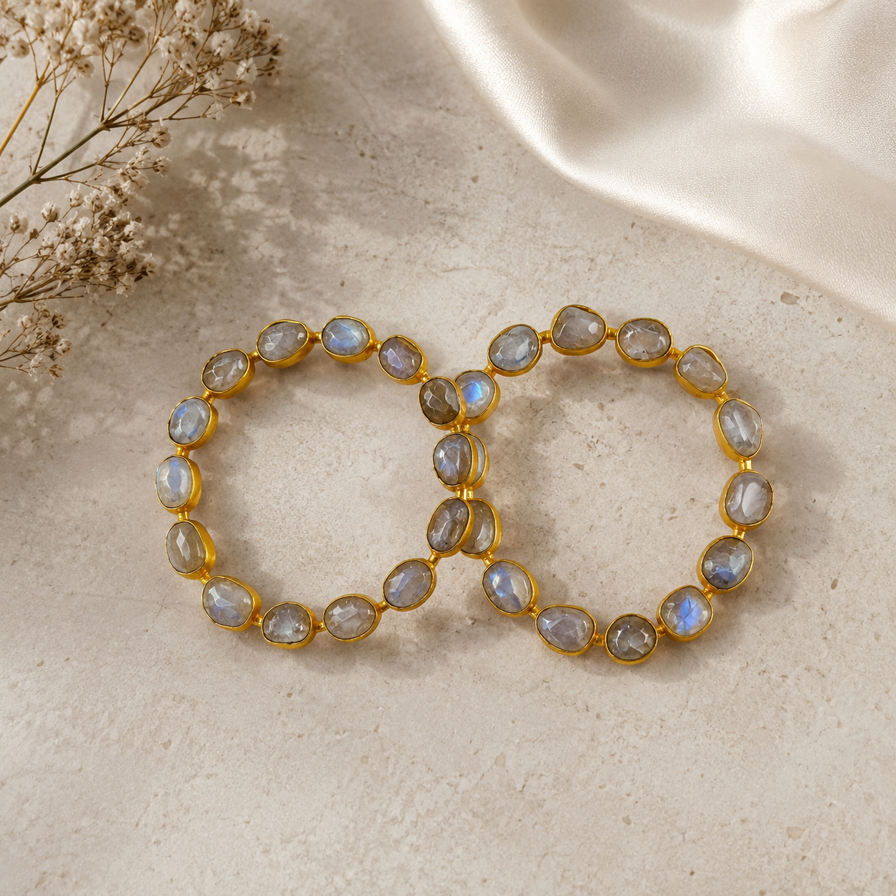 Luminous Orbit Statement Hoops – Gold Plated Rainbow Moonstone Garland Hoops