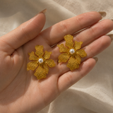 Artisanal Orchid Bloom Studs – Textured Gold Plated Pearl Center Earrings