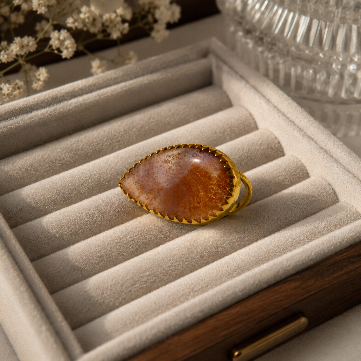Sienna Moss Statement Slice Ring – Gold Plated Agate Cocktail Ring