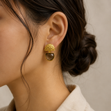 The Smoky Quartz Crescent Drops –  Gold Plated Hammered Statement Earrings