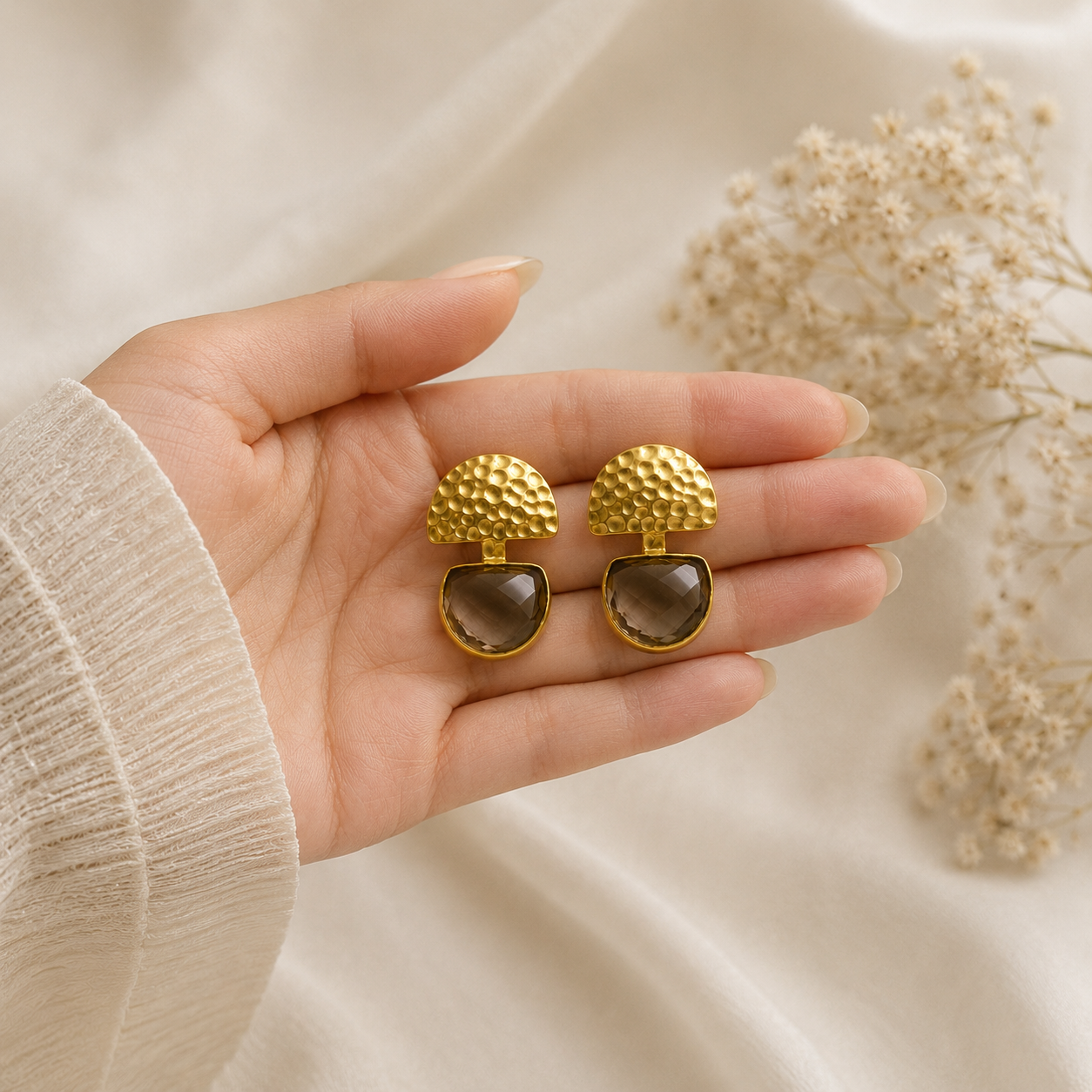 The Smoky Quartz Crescent Drops –  Gold Plated Hammered Statement Earrings