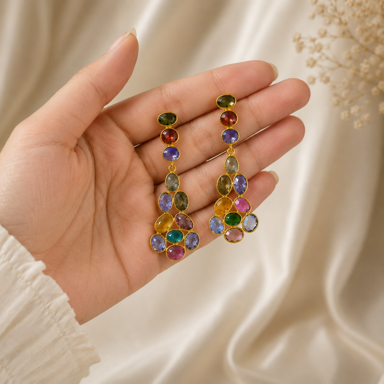 Tourmaline Matrix Cascade Drops –  Gold Plated Multi-Gemstone Chandelier Earrings