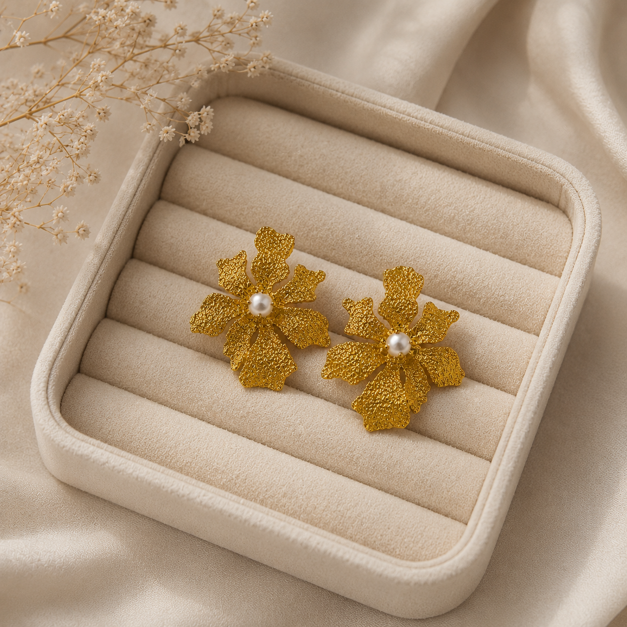 Artisanal Orchid Bloom Studs – Textured Gold Plated Pearl Center Earrings