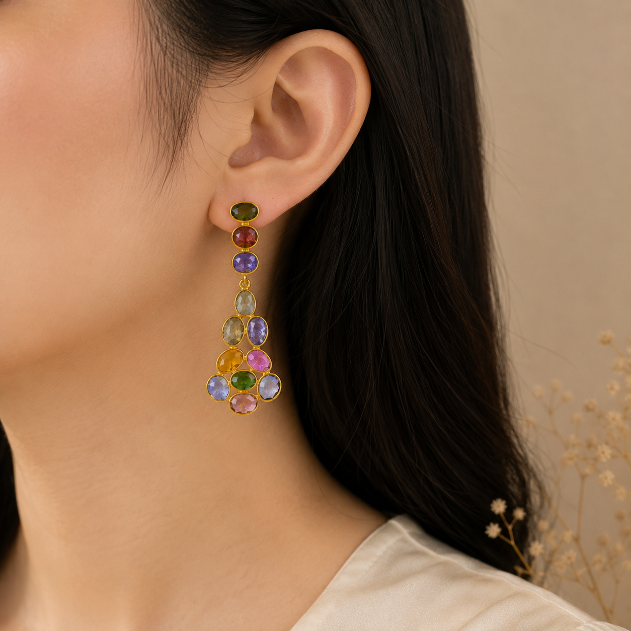 Tourmaline Matrix Cascade Drops –  Gold Plated Multi-Gemstone Chandelier Earrings