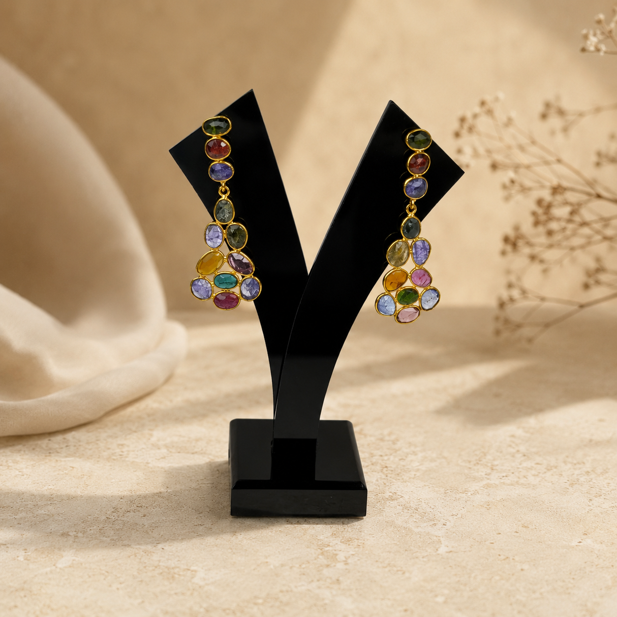 Tourmaline Matrix Cascade Drops –  Gold Plated Multi-Gemstone Chandelier Earrings