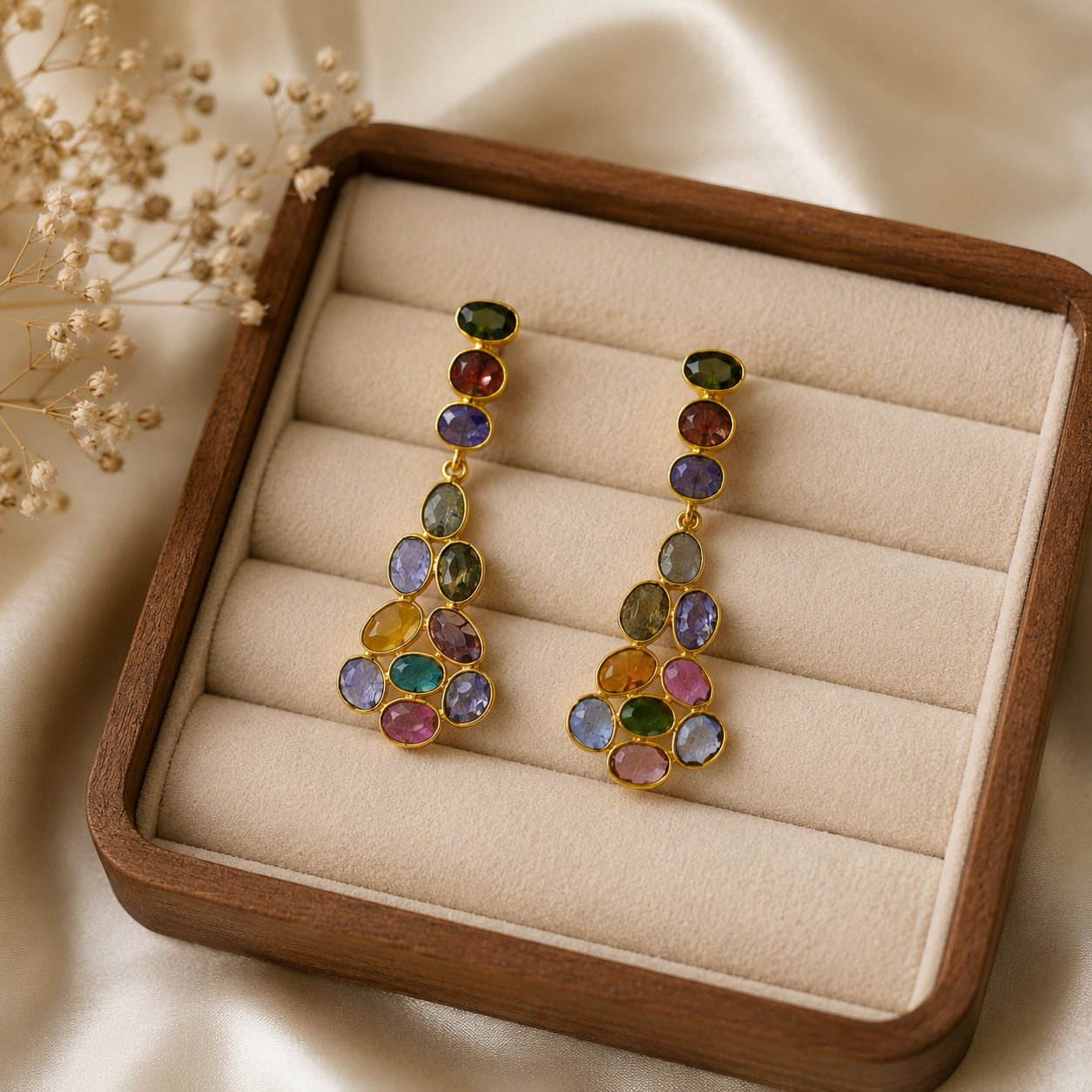 Tourmaline Matrix Cascade Drops –  Gold Plated Multi-Gemstone Chandelier Earrings