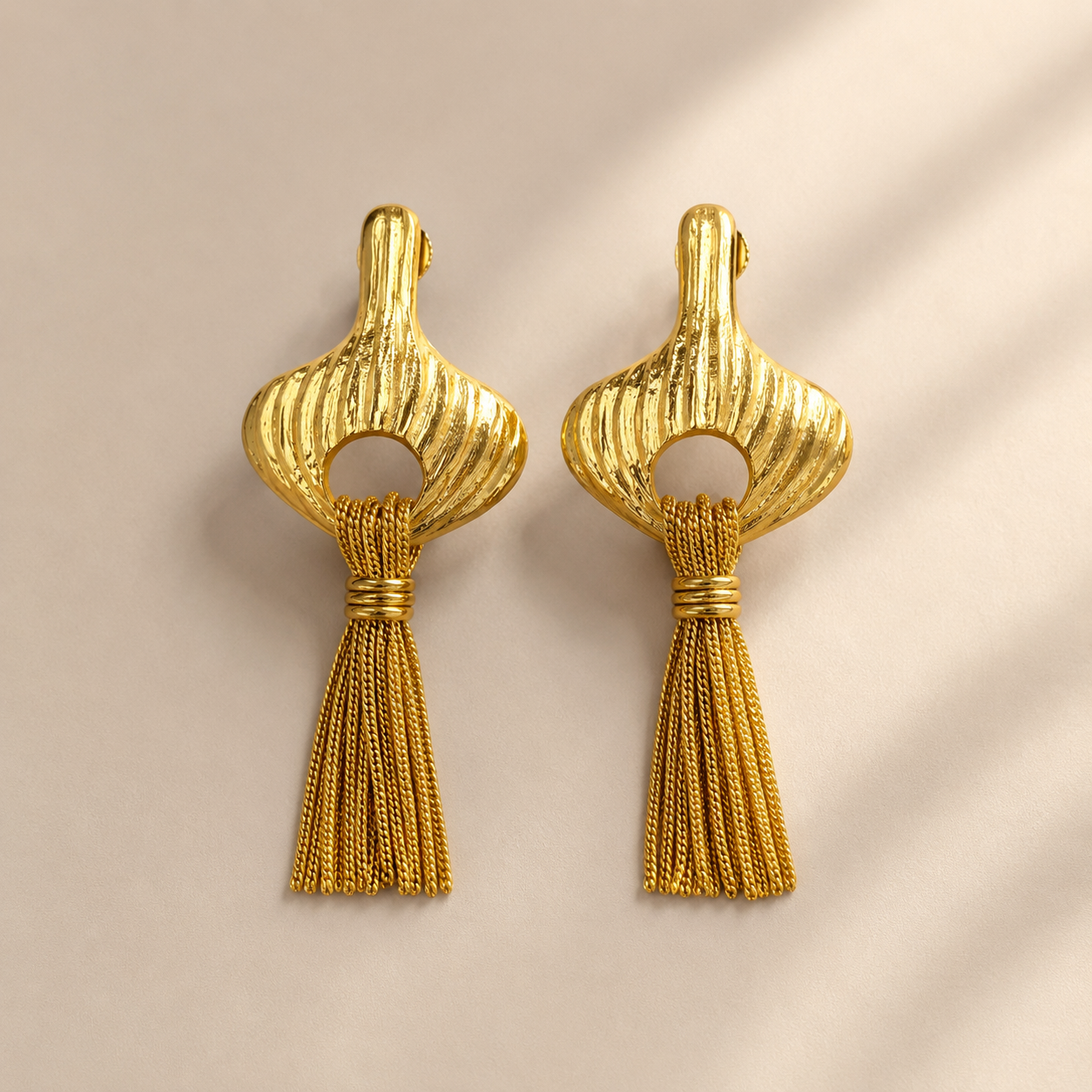Gilded Tassel Statement Earrings – Fluted Art Deco Brass Fringe Drops