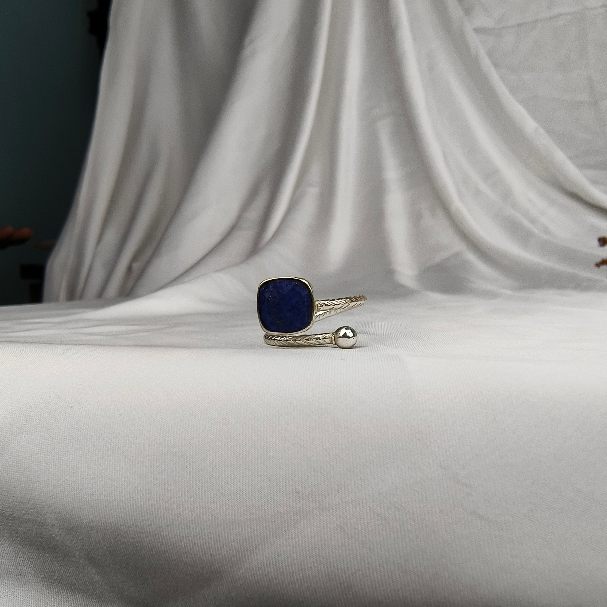 Cobalt Chevron Twist Ring – Silver-Plated Brass Open Bypass Ring