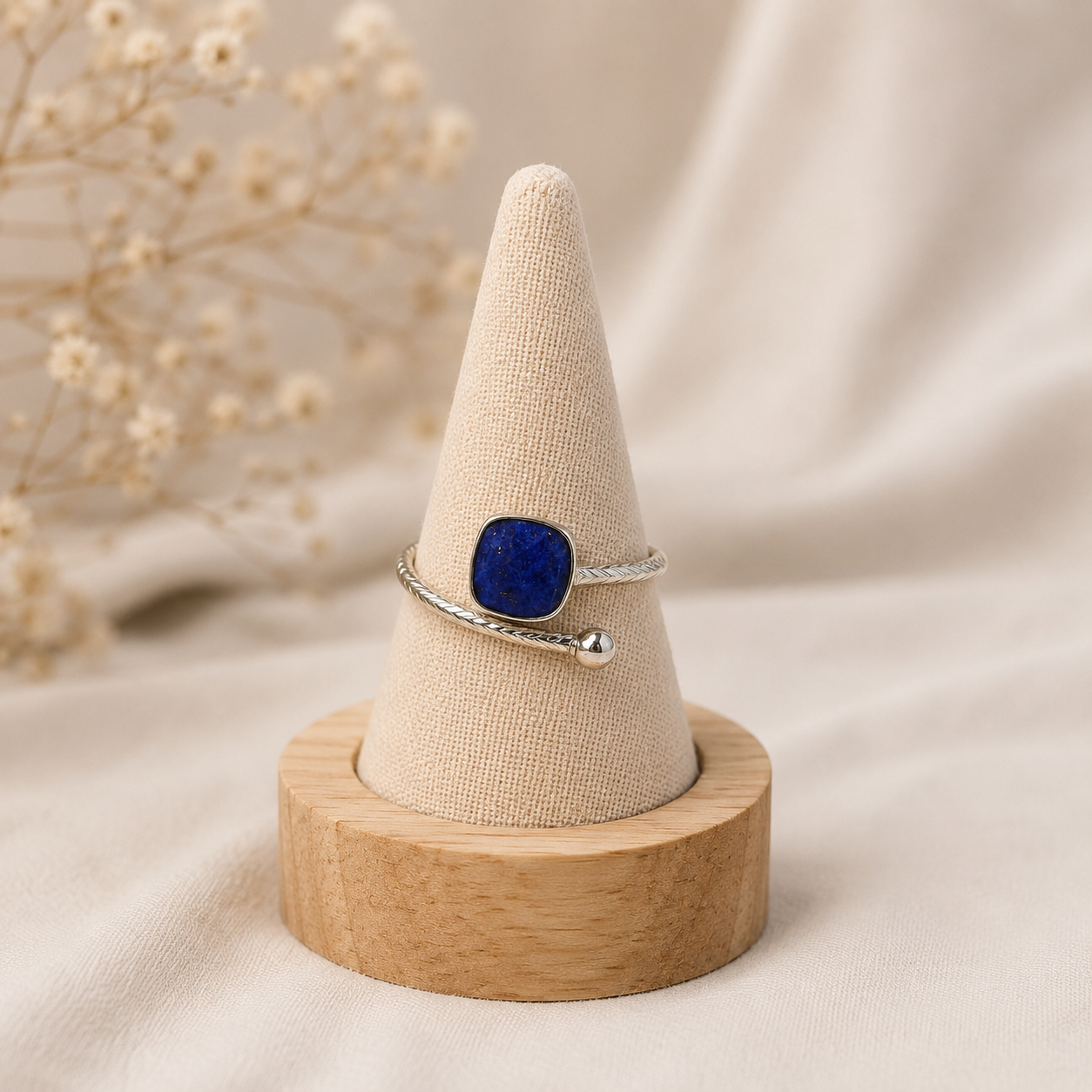 Cobalt Chevron Twist Ring – Silver-Plated Brass Open Bypass Ring