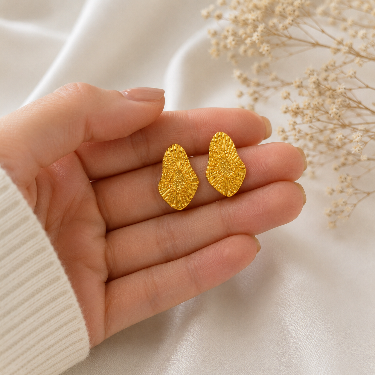 Sahara Textured Pebble Studs – Gold Plated Radiant Organic Statement Earrings