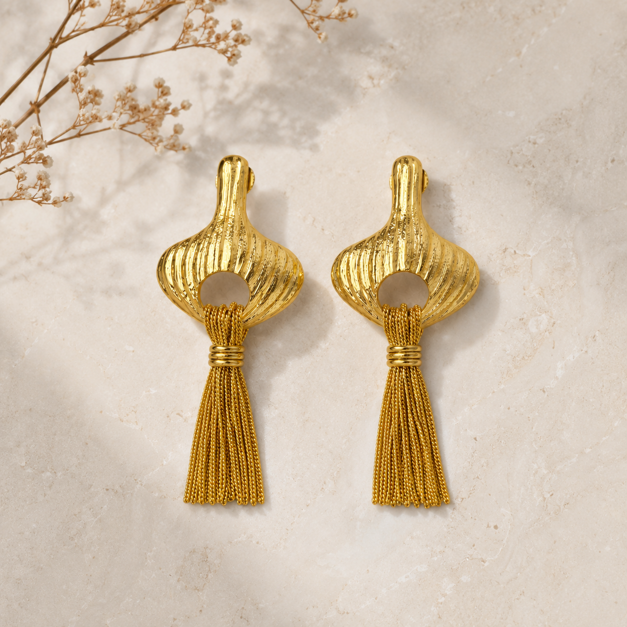 Gilded Tassel Statement Earrings – Fluted Art Deco Brass Fringe Drops