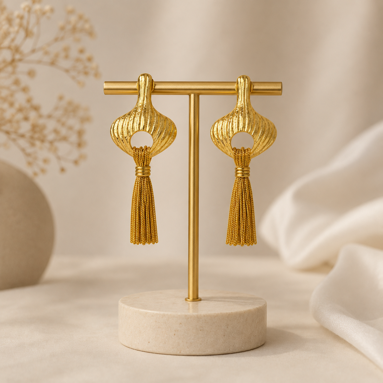 Gilded Tassel Statement Earrings – Fluted Art Deco Brass Fringe Drops