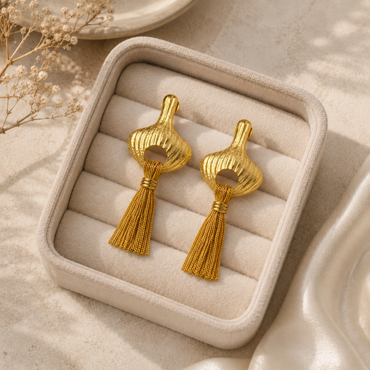 Gilded Tassel Statement Earrings – Fluted Art Deco Brass Fringe Drops