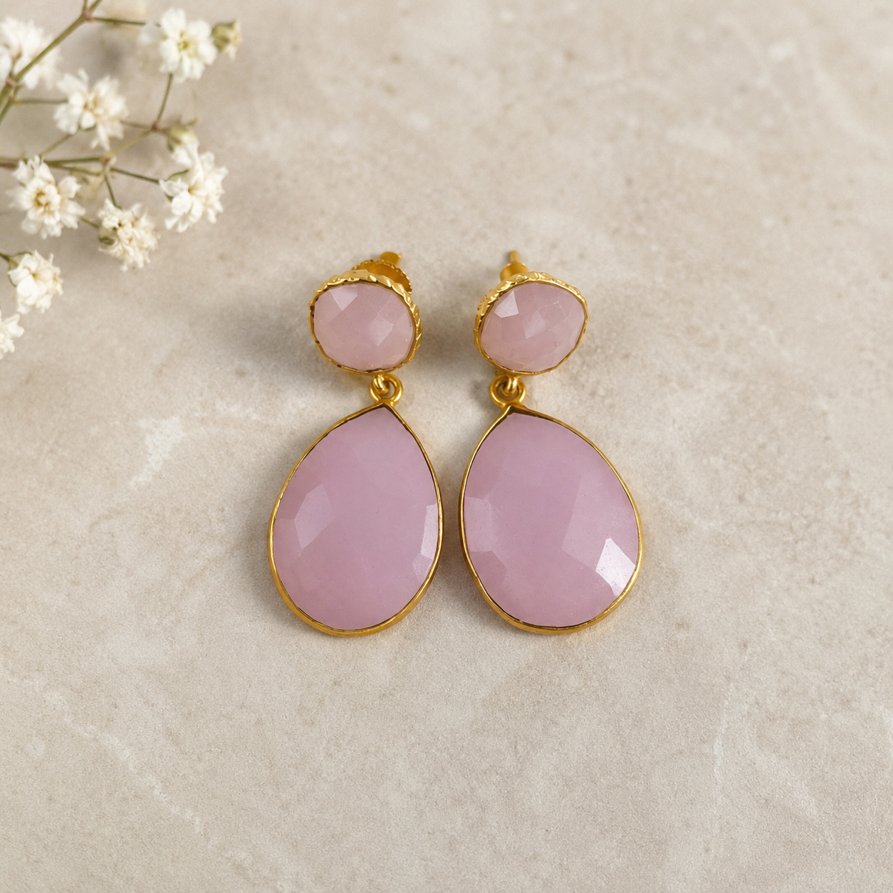 Rose Quartz Teardrop Dangles – Faceted Pastel Pink Gemstone Drop Earrings