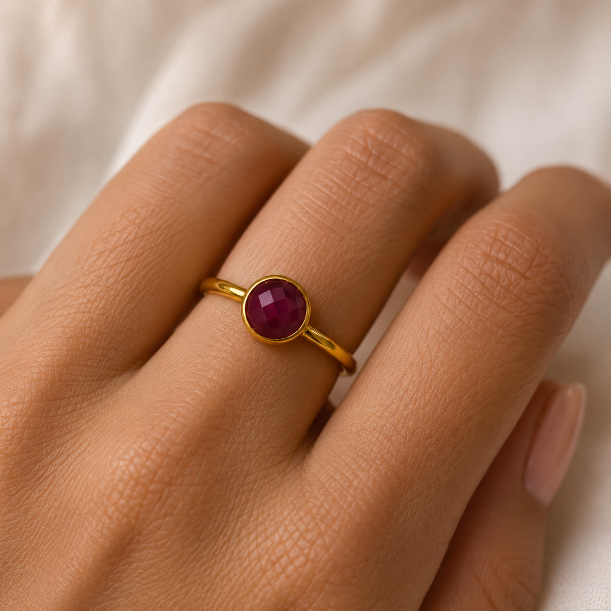Imperial Ruby Silhouette Ring – Gold Plated Faceted Ruby Glass Statement Ring