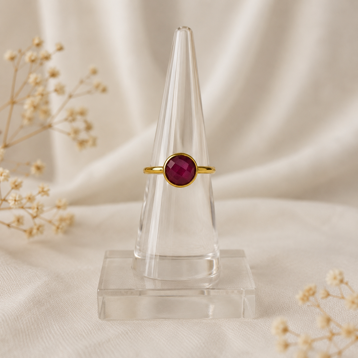 Imperial Ruby Silhouette Ring – Gold Plated Faceted Ruby Glass Statement Ring