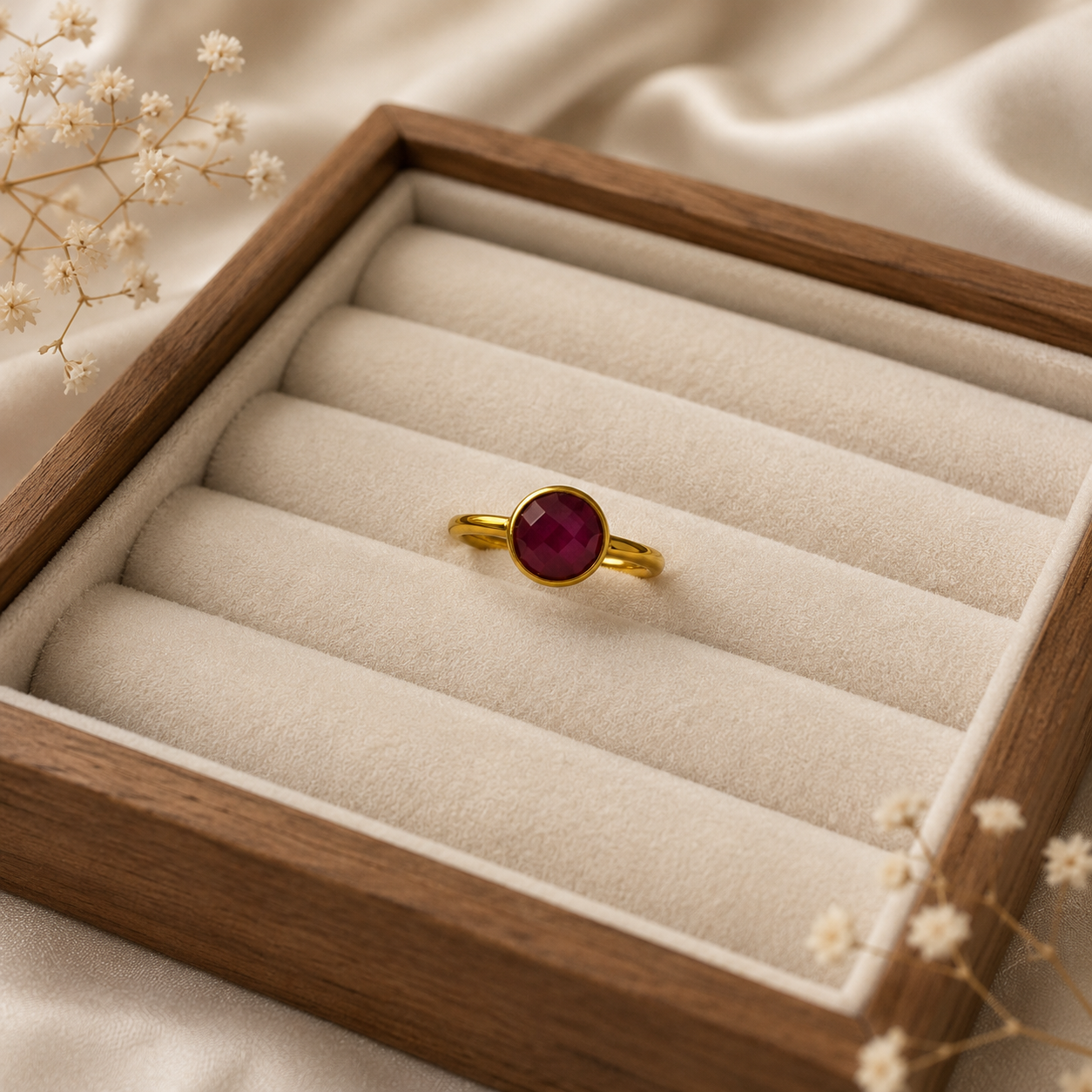 Imperial Ruby Silhouette Ring – Gold Plated Faceted Ruby Glass Statement Ring