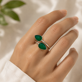 Emerald Toi et Moi Bypass Ring – Silver-Plated Brass Faceted Green Onyx Wrap Ring