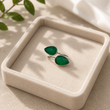 Emerald Toi et Moi Bypass Ring – Silver-Plated Brass Faceted Green Onyx Wrap Ring