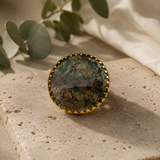 Earth Matrix Round Shield Ring – Gold Plated Moss Agate statement Cocktail Ring