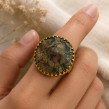 Earth Matrix Round Shield Ring – Gold Plated Moss Agate statement Cocktail Ring
