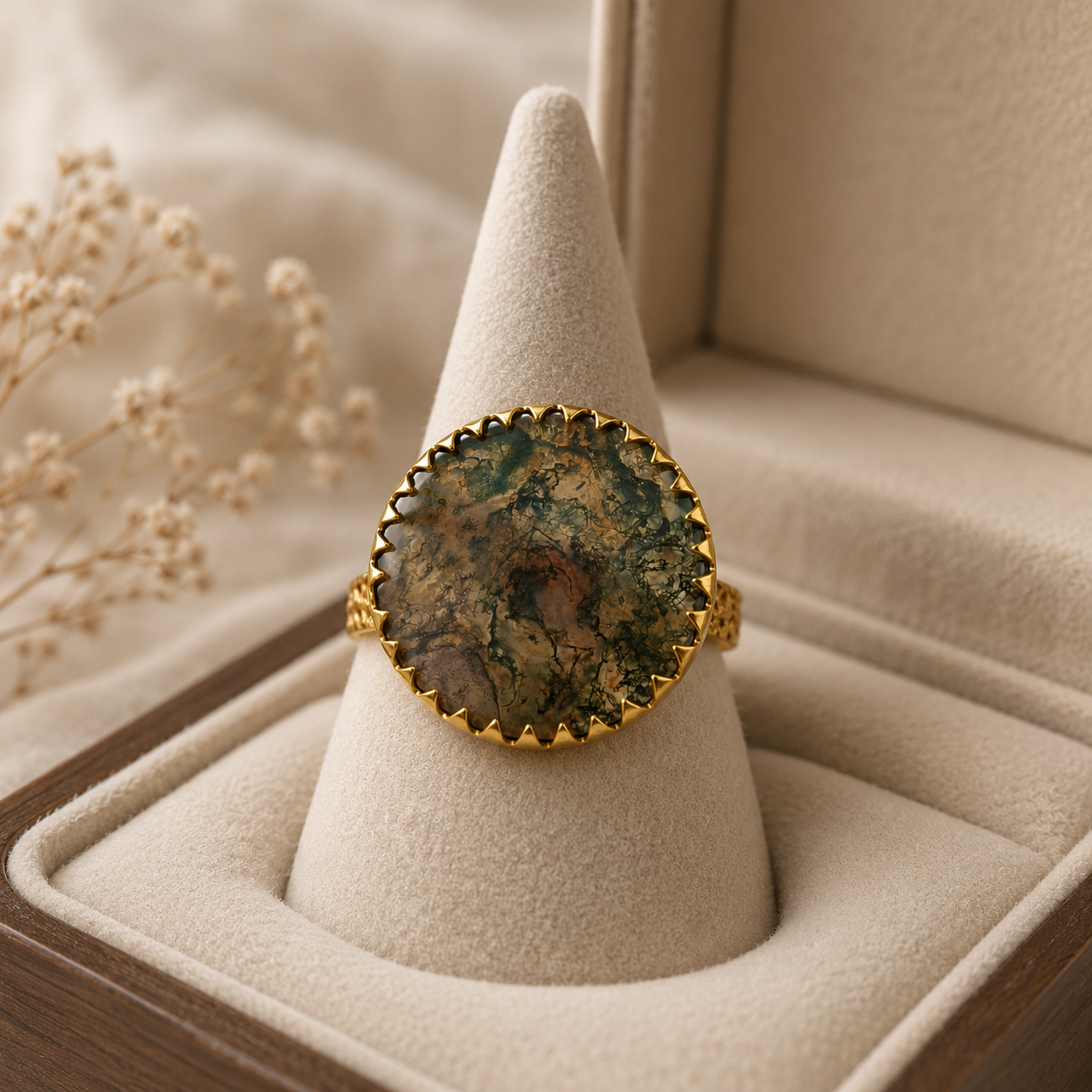 Earth Matrix Round Shield Ring – Gold Plated Moss Agate statement Cocktail Ring