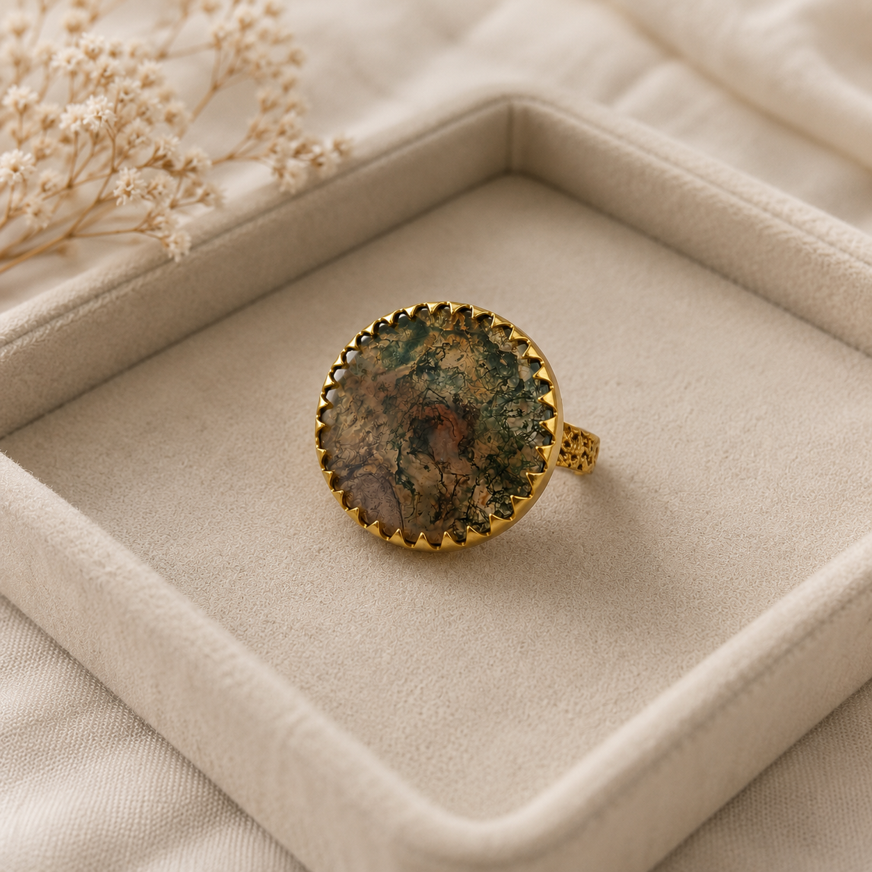 Earth Matrix Round Shield Ring – Gold Plated Moss Agate statement Cocktail Ring