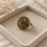 Earth Matrix Round Shield Ring – Gold Plated Moss Agate statement Cocktail Ring