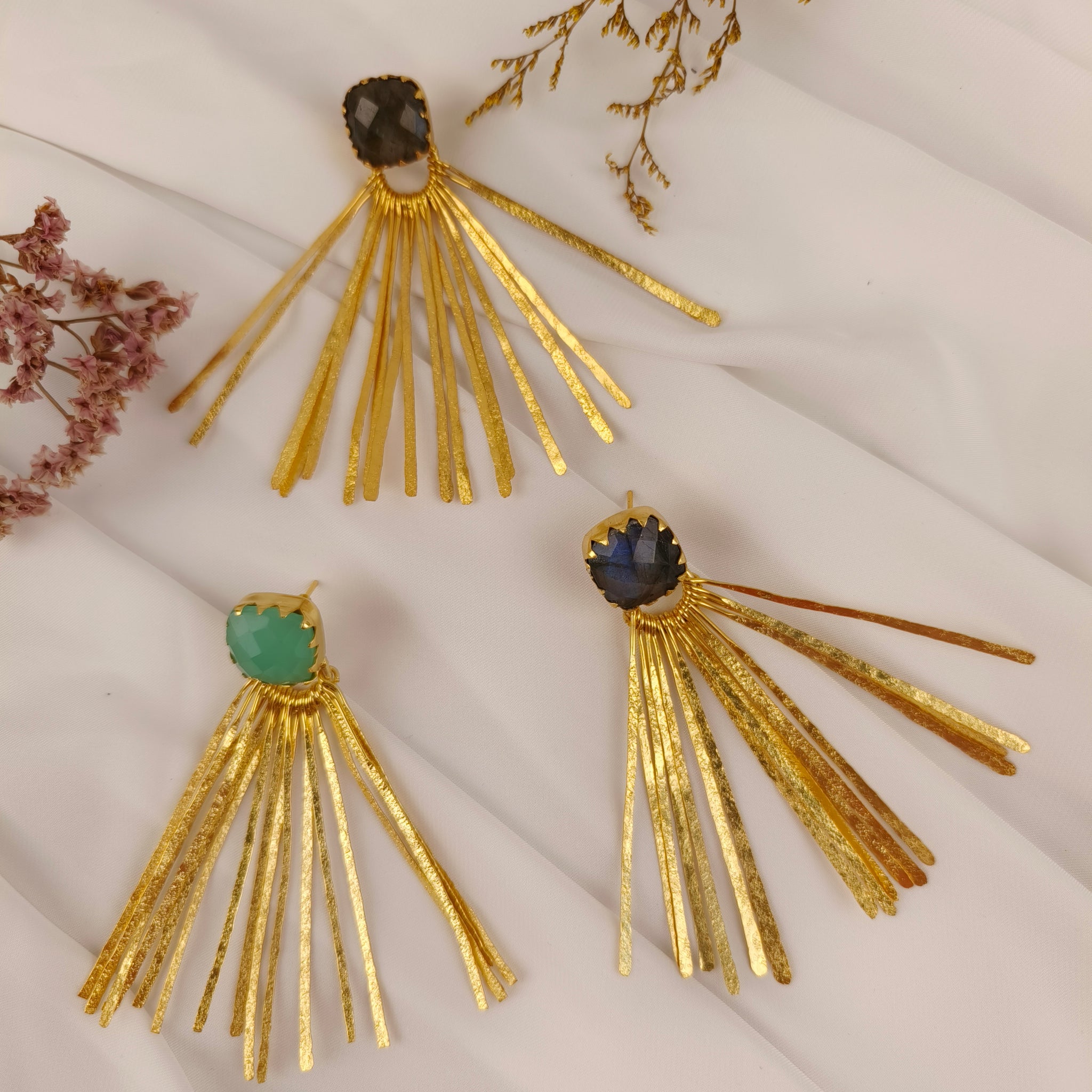 Celestial Fan Statement Earrings – Textured Brass & Cushion-Cut Labradorite