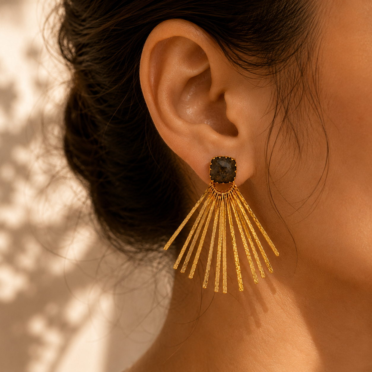 Celestial Fan Statement Earrings – Textured Brass & Cushion-Cut Labradorite