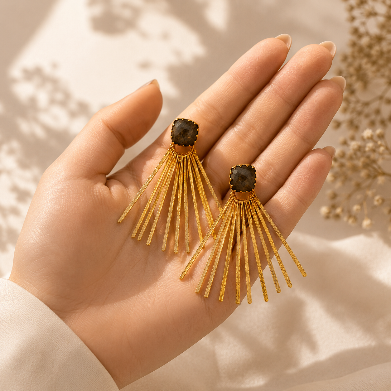 Celestial Fan Statement Earrings – Textured Brass & Cushion-Cut Labradorite