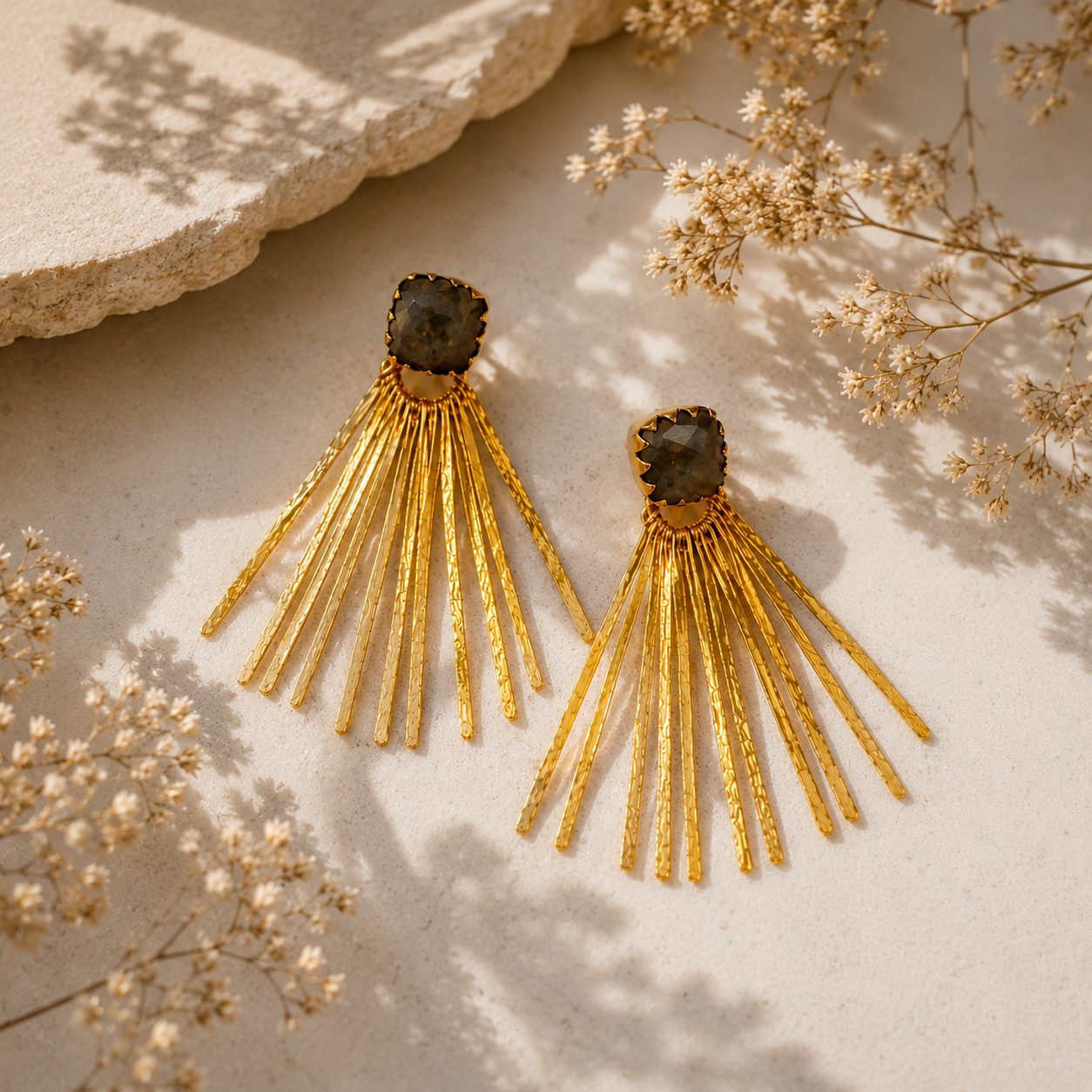 Celestial Fan Statement Earrings – Textured Brass & Cushion-Cut Labradorite