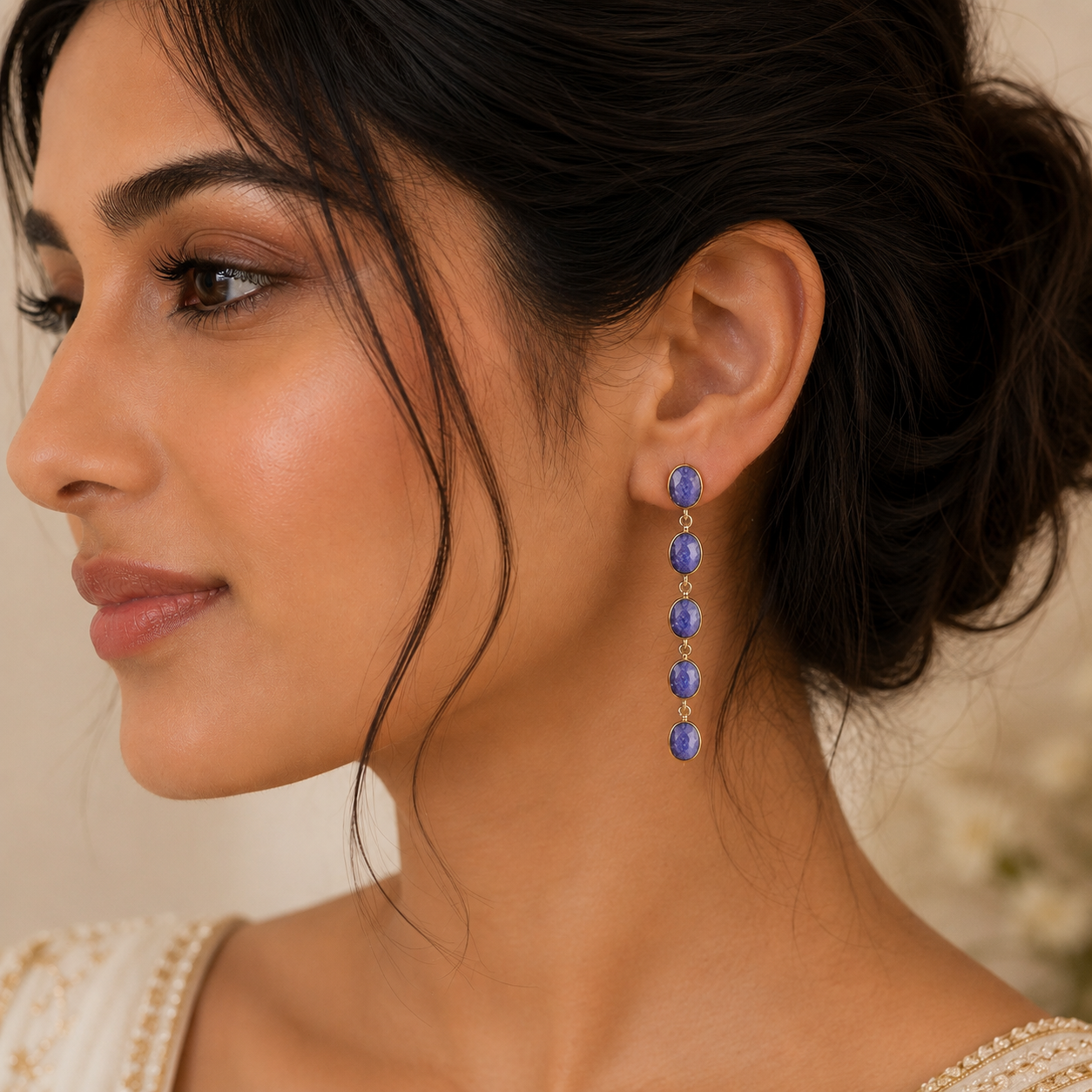 Azure Horizon Linear Dangle Earrings – Gold Plated Periwinkle Stone Statement Drops