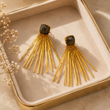 Celestial Fan Statement Earrings – Textured Brass & Cushion-Cut Labradorite