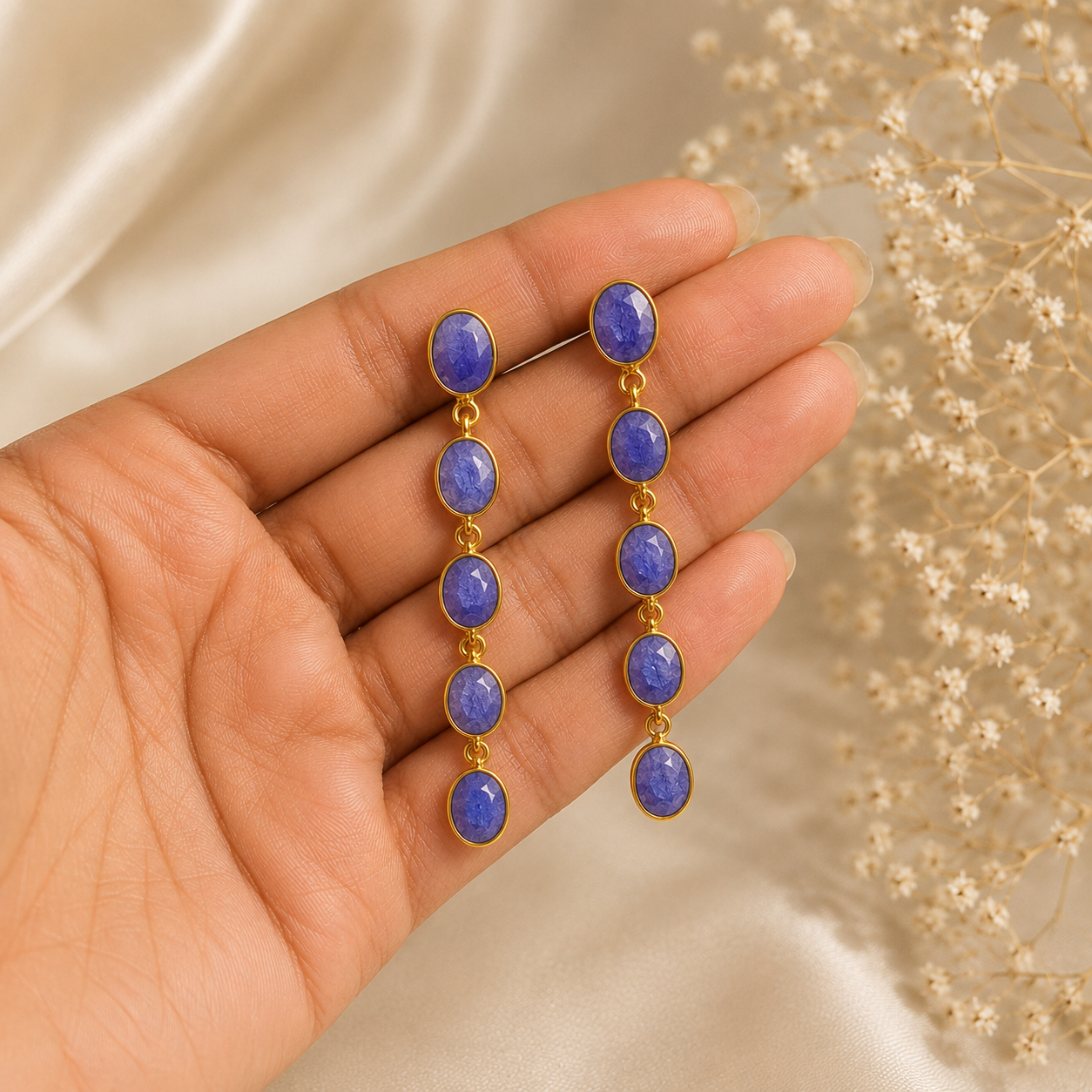 Azure Horizon Linear Dangle Earrings – Gold Plated Periwinkle Stone Statement Drops