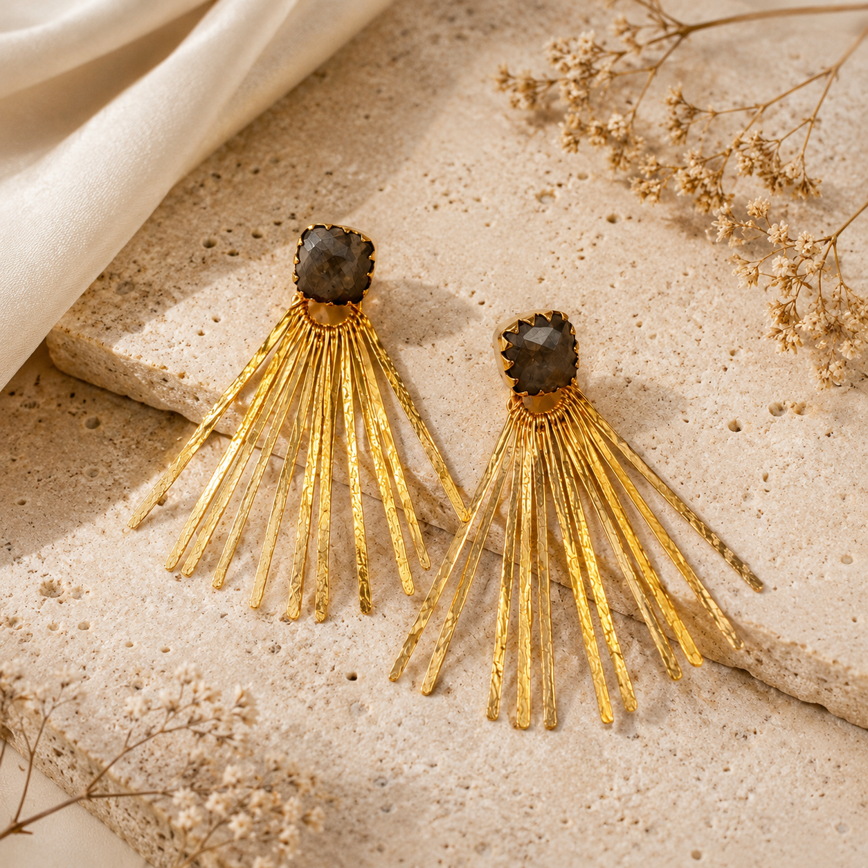 Celestial Fan Statement Earrings – Textured Brass & Cushion-Cut Labradorite