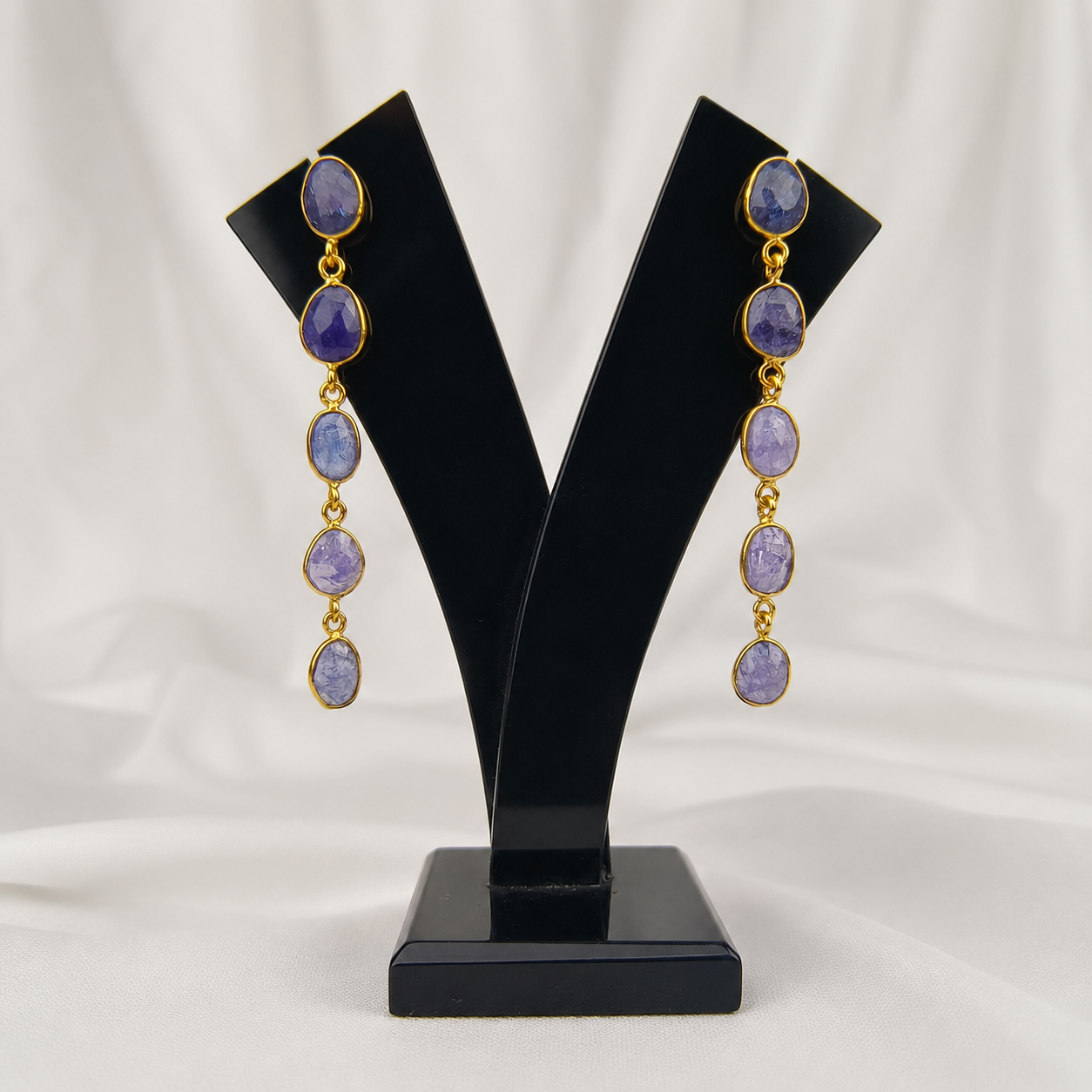 Azure Horizon Linear Dangle Earrings – Gold Plated Periwinkle Stone Statement Drops