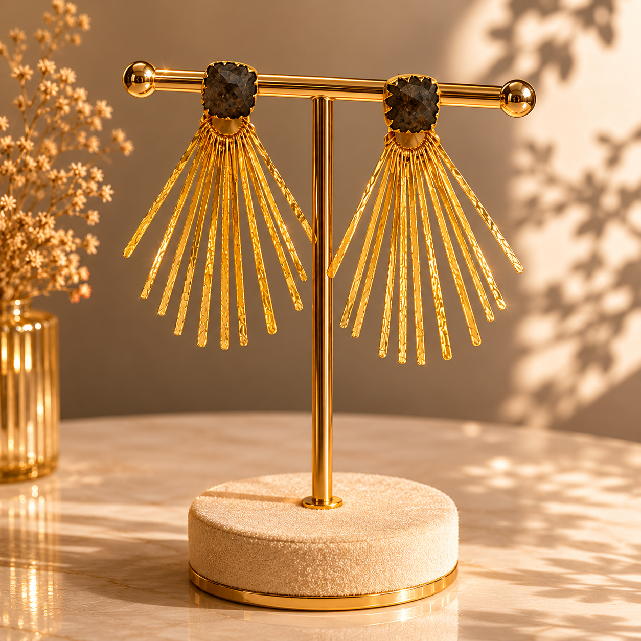 Celestial Fan Statement Earrings – Textured Brass & Cushion-Cut Labradorite